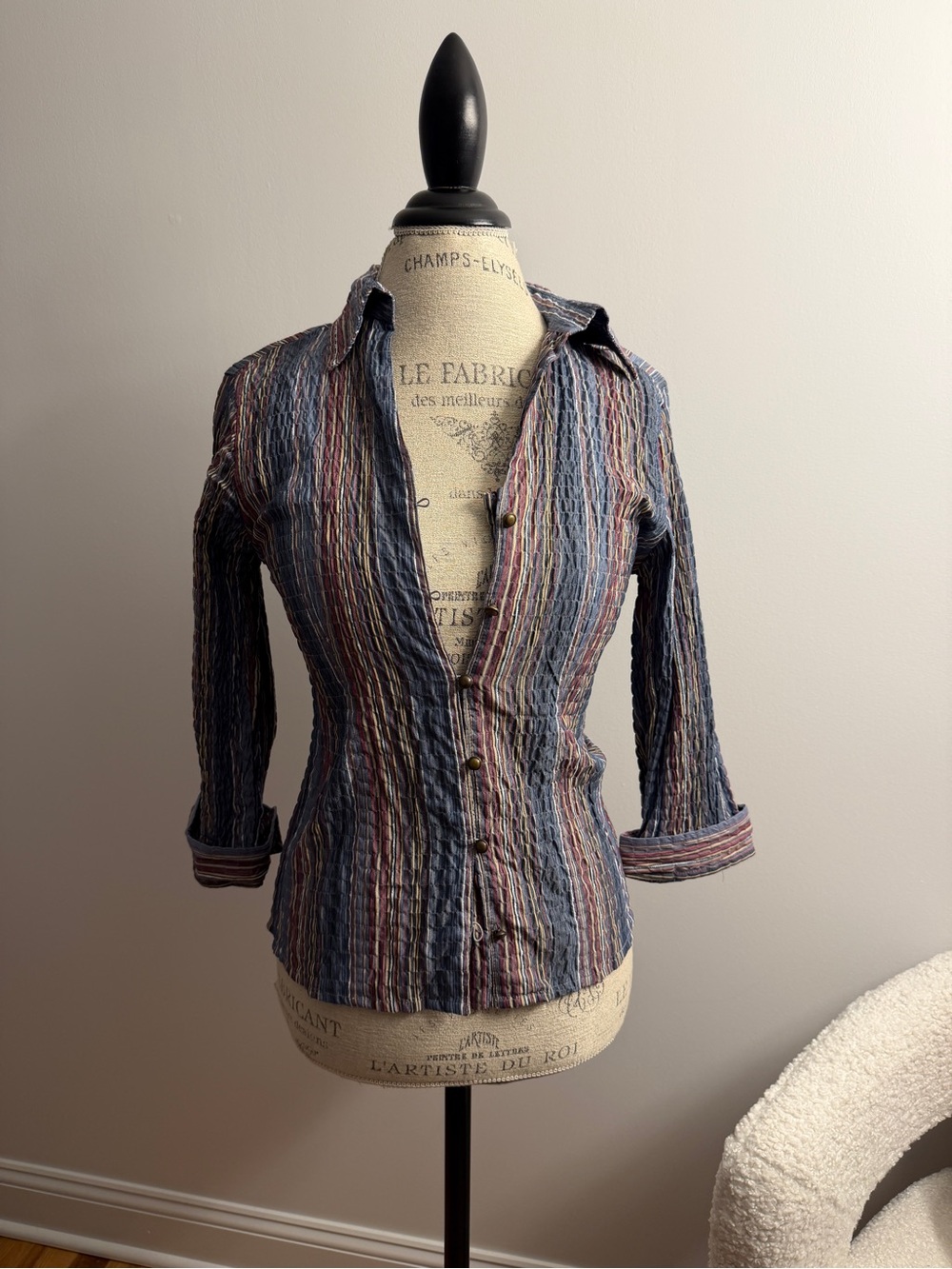 dressbarn Striped Crinkled Button-Up Blouse in Blue & Pink